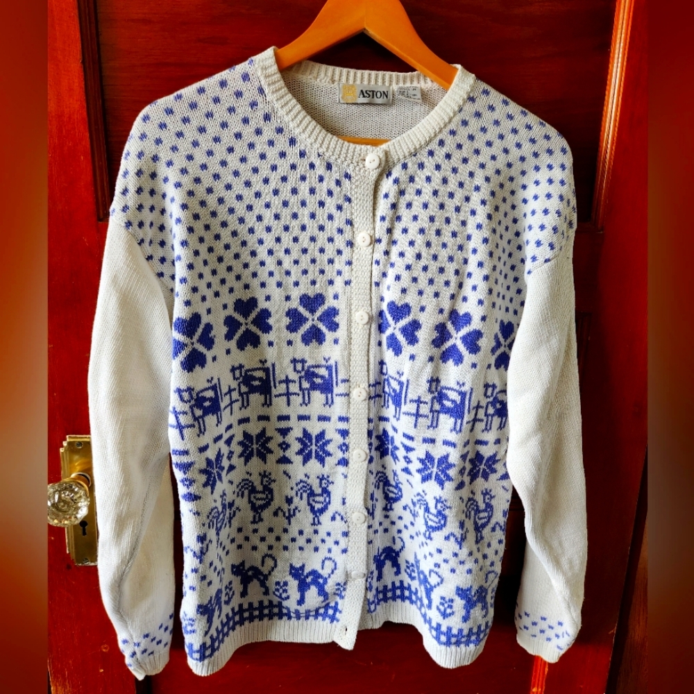 100% Cotton Farm Animal Cottagecore Grandma Cardigan Sweater Size Large